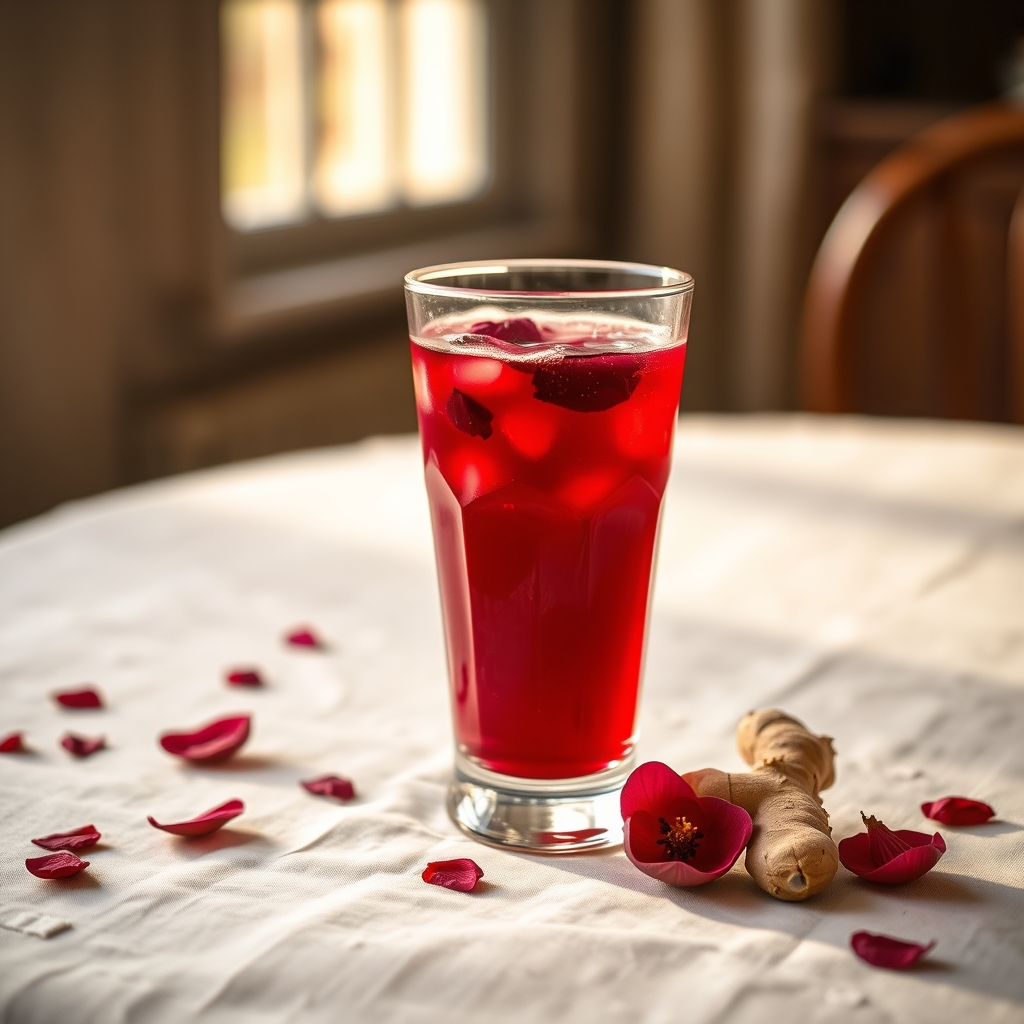 Glass of sorrel drink with hibiscus petals and ginger on a linen tablecloth