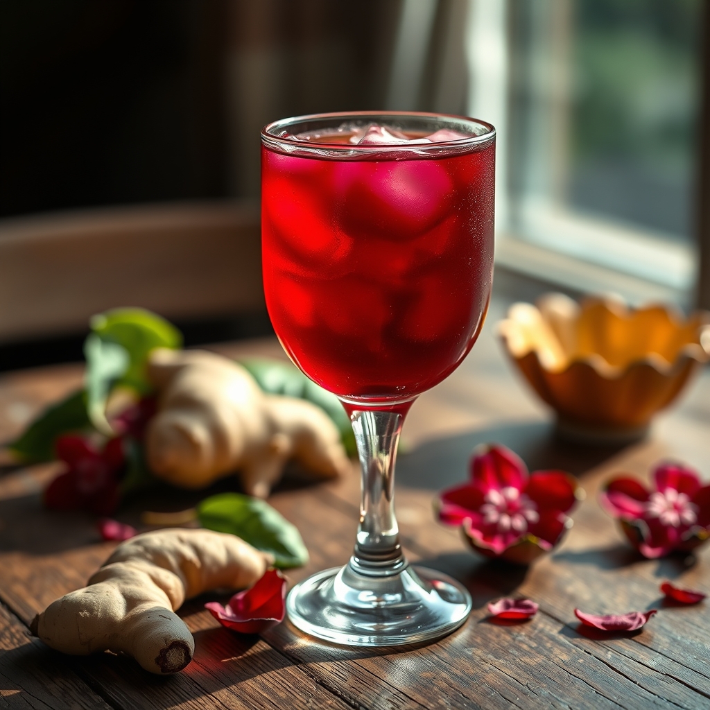 Glass of sorrel drink with hibiscus petals and ginger on a wooden table