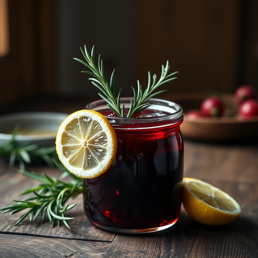 Glass jar filled with sorrel jelly and topped with rosemary and lemon
