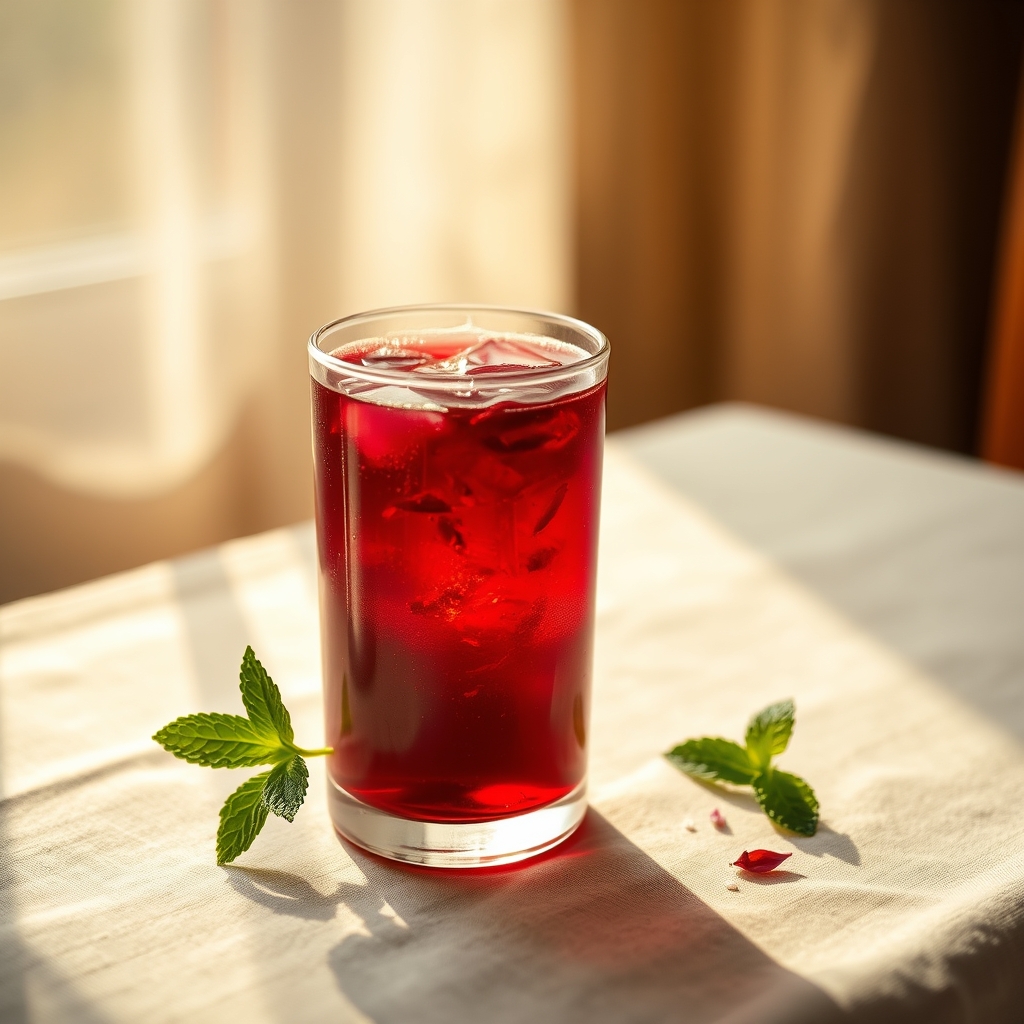 Glass of sorrel drink with hibiscus petals and ginger on a tablecloth