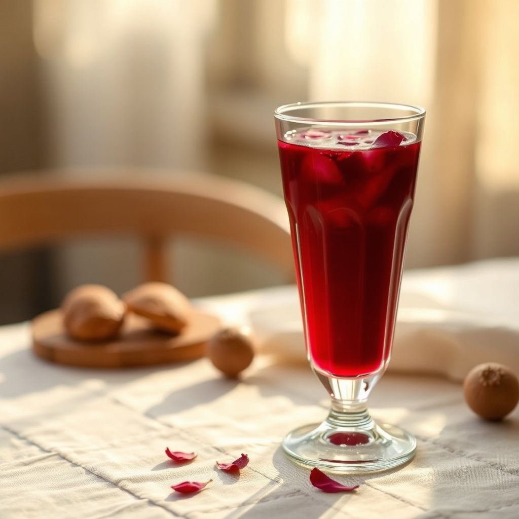 Glass of sorrel drink with hibiscus petals and ginger on a linen tablecloth