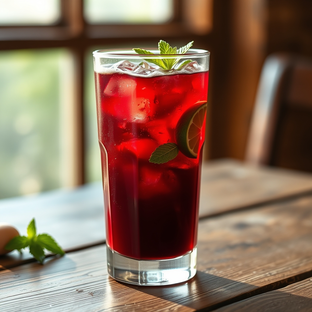 Glass of sorrel and rum on a wooden table