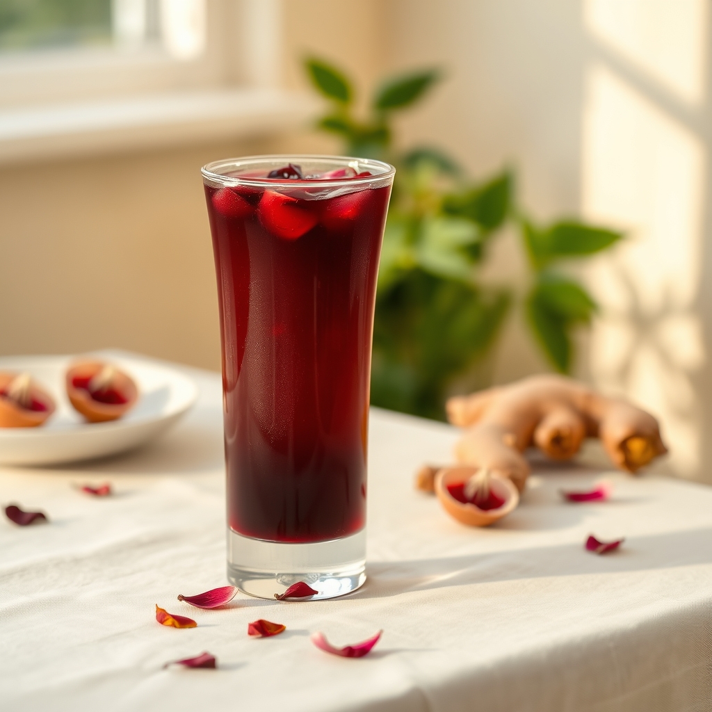 Glass of sorrel drink with hibiscus petals and ginger on a linen tablecloth