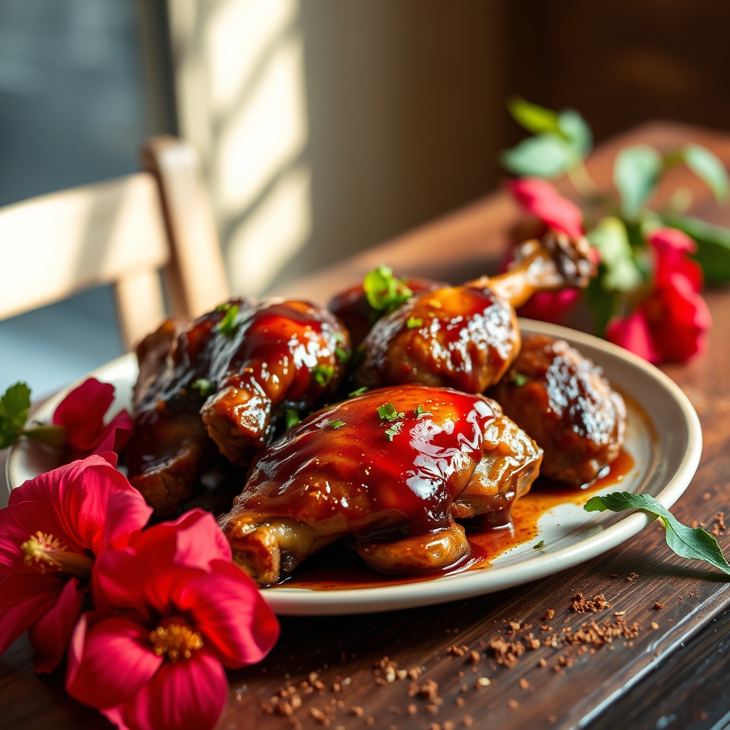 Plate of sorrel-glazed jerk chicken with fresh hibiscus flowers and jerk seasoning