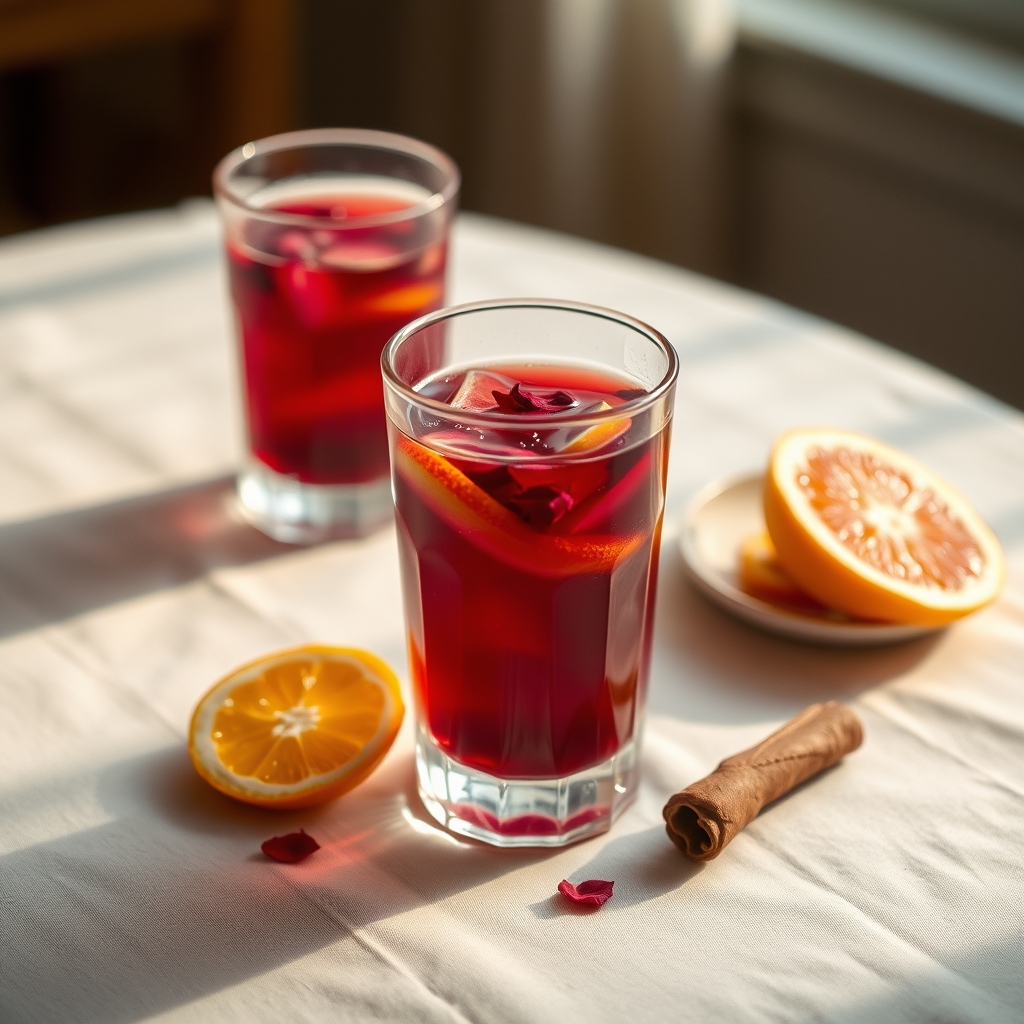Glass of sorrel drink with hibiscus petals and ginger on a linen tablecloth
