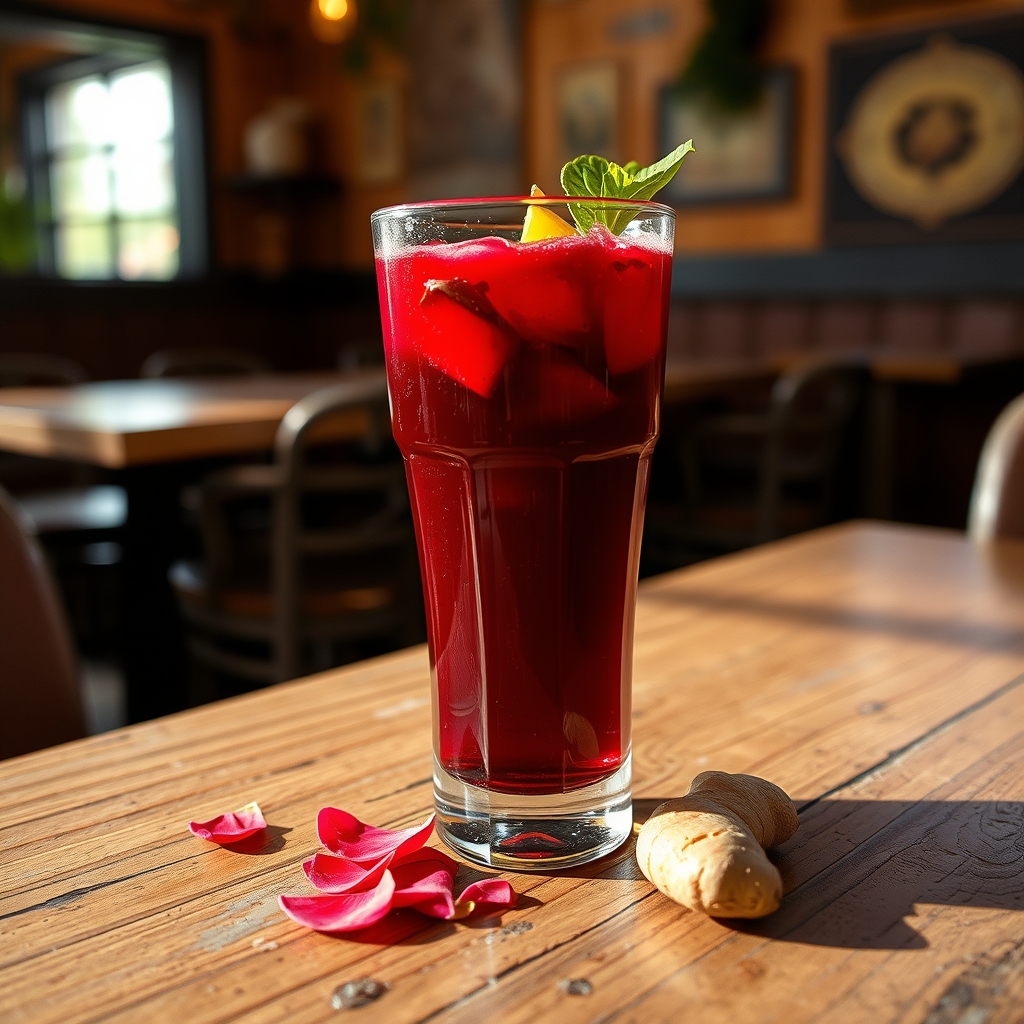 Glass of sorrel drink with hibiscus petals and ginger on a wooden table