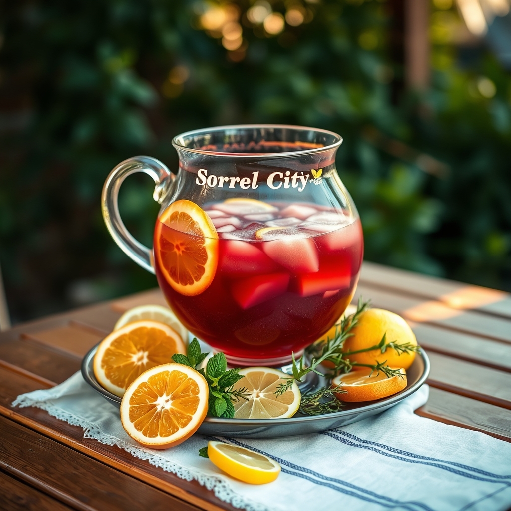 Sorrel punch bowl with citrus slices and fresh herbs on a wooden table