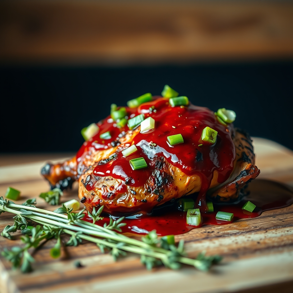 Grilled jerk chicken with sorrel glaze on a wooden cutting board