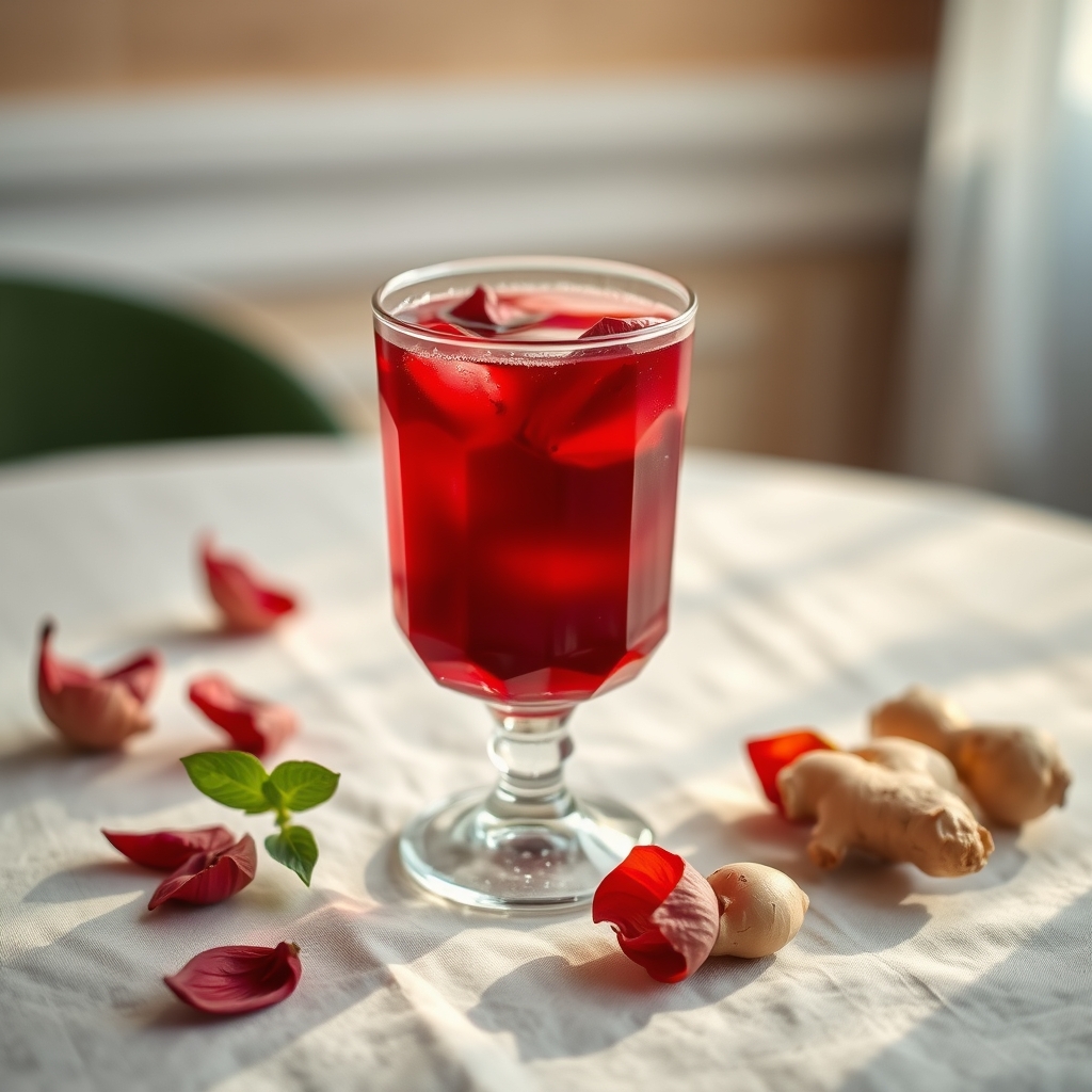 Glass of sorrel drink with hibiscus petals and ginger on a linen tablecloth