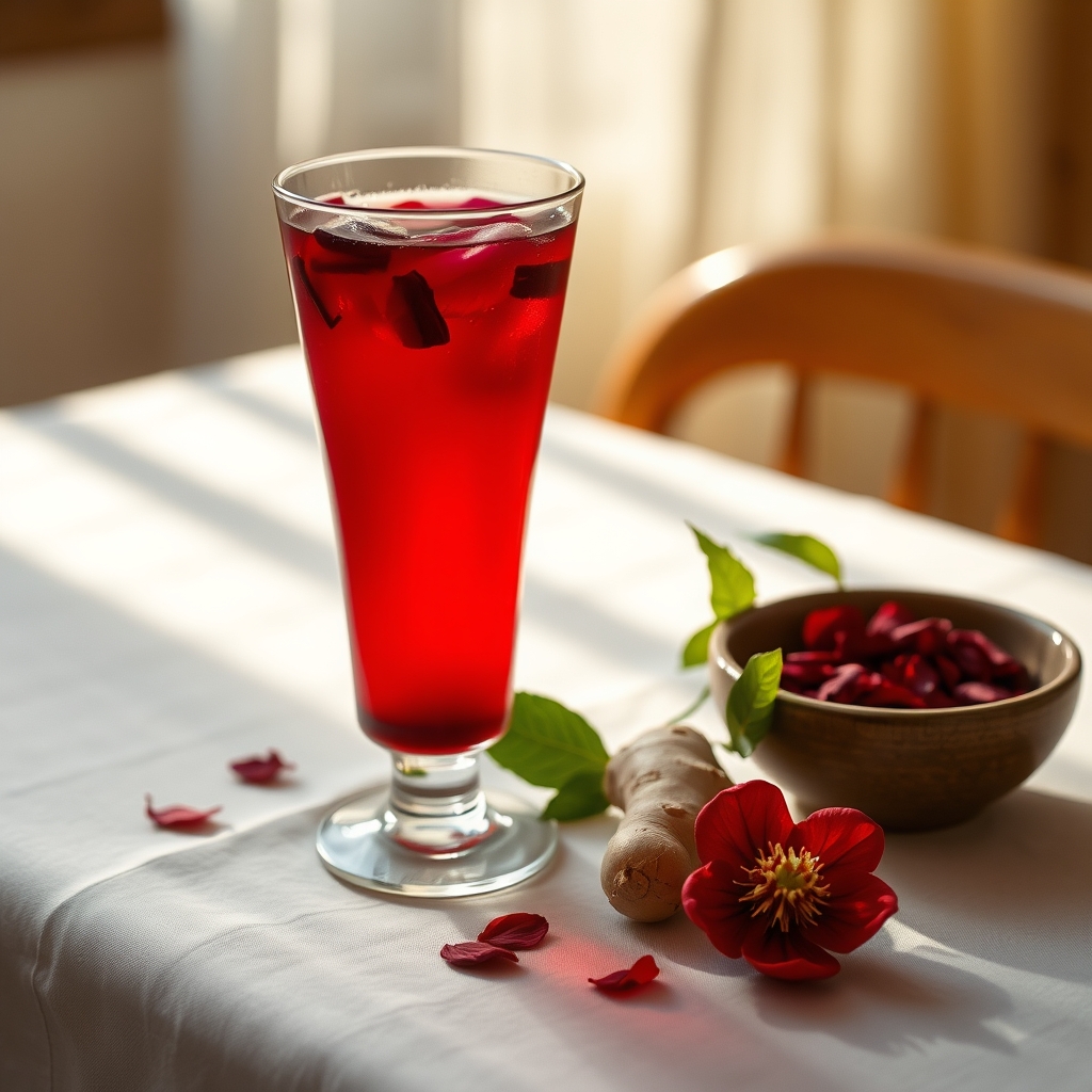 Glass of sorrel drink with hibiscus petals and ginger on a tablecloth