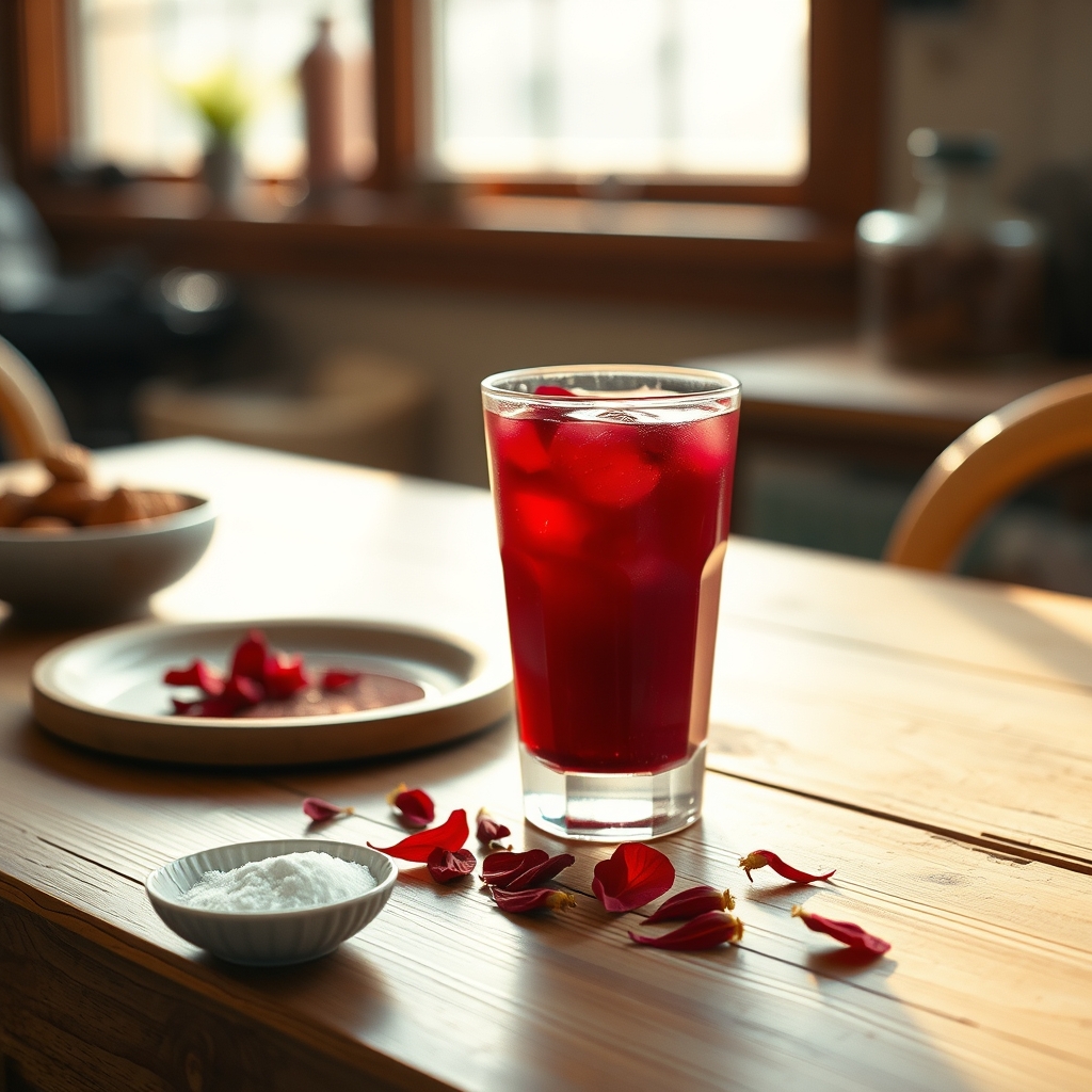 Glass of sorrel drink on a wooden table with hibiscus petals and spices