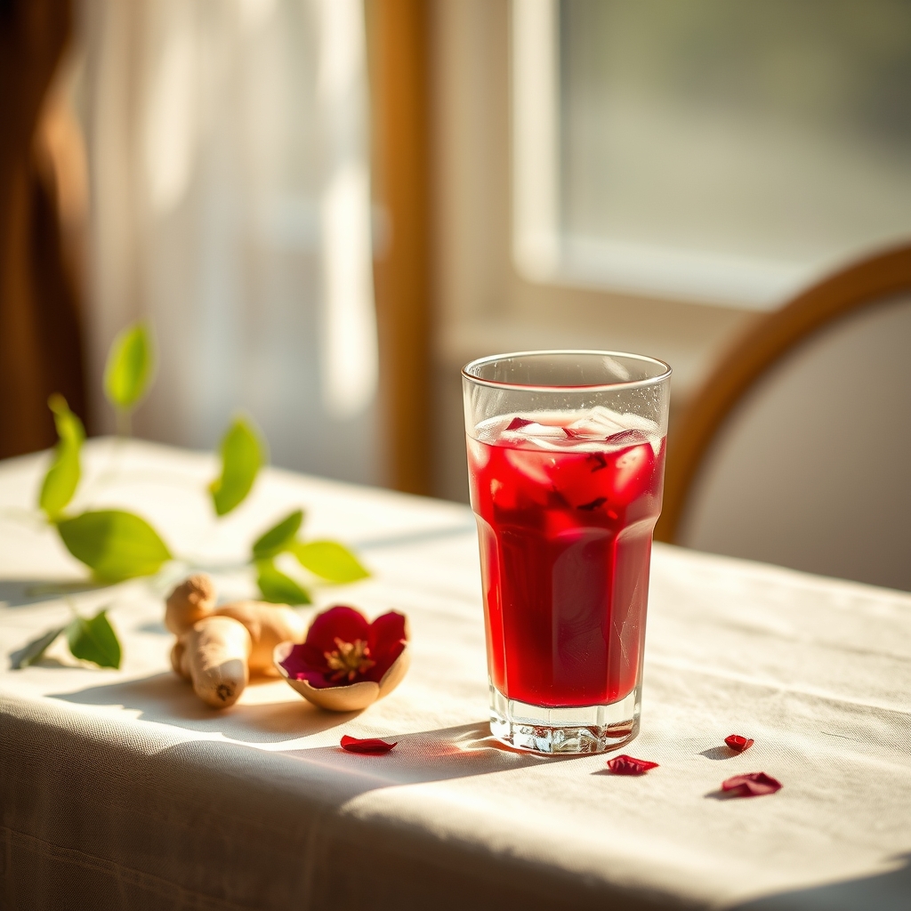 Glass of sorrel drink with hibiscus petals and ginger on a tablecloth