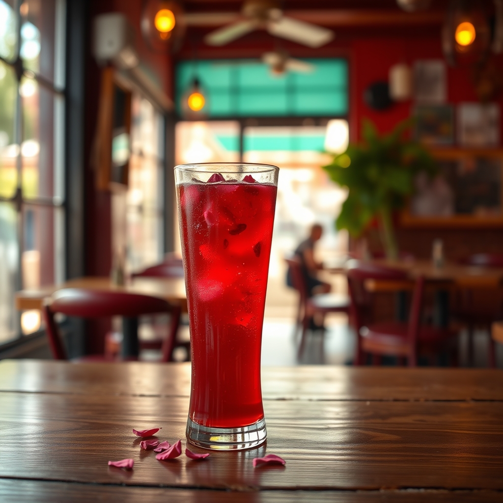 Glass of sorrel drink with hibiscus petals and ginger on a wooden table