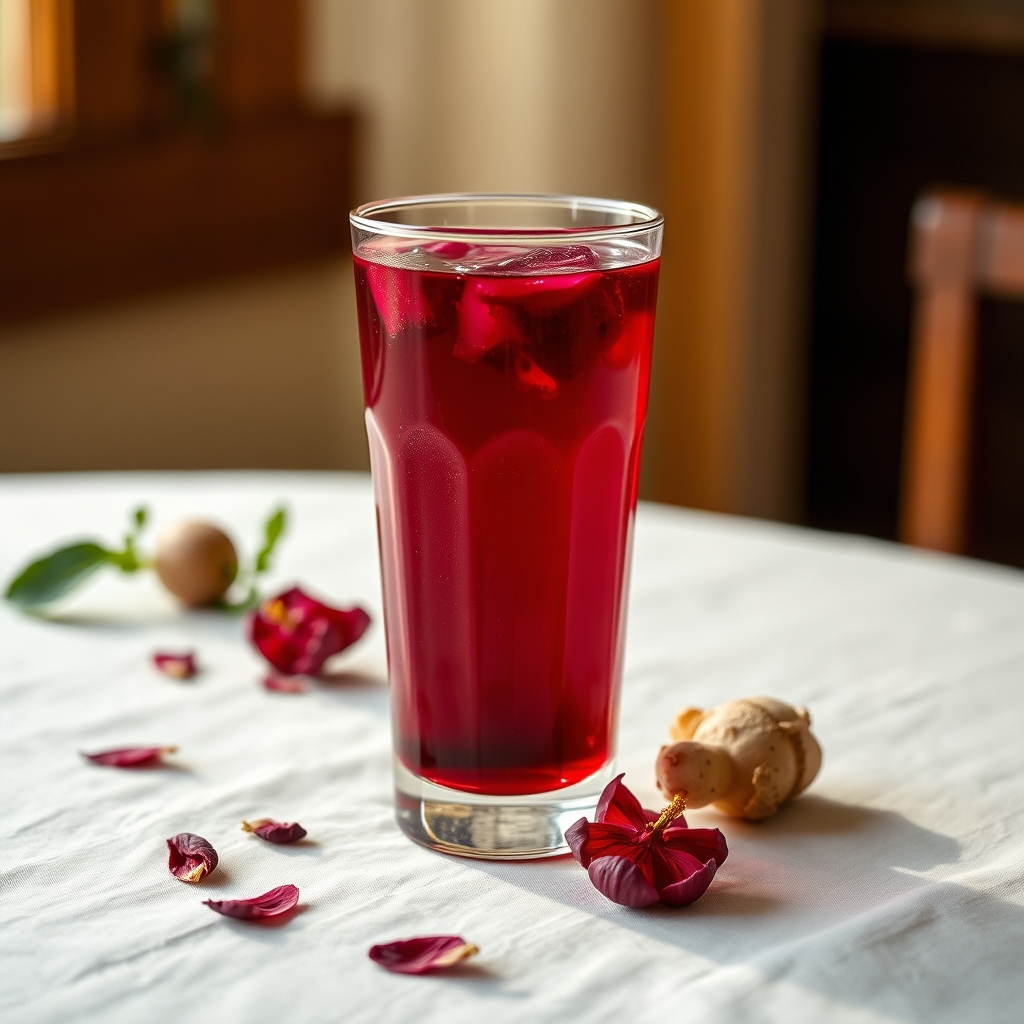 Glass of sorrel drink with hibiscus petals and ginger on a linen tablecloth