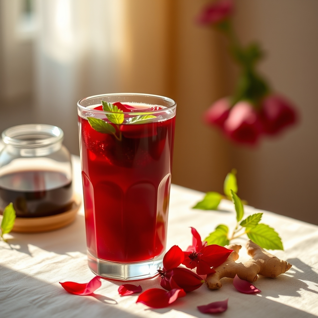 Glass of sorrel drink with hibiscus petals and ginger on a linen tablecloth