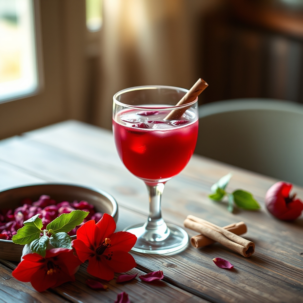 Glass of sorrel drink on a wooden table with hibiscus petals and cinnamon