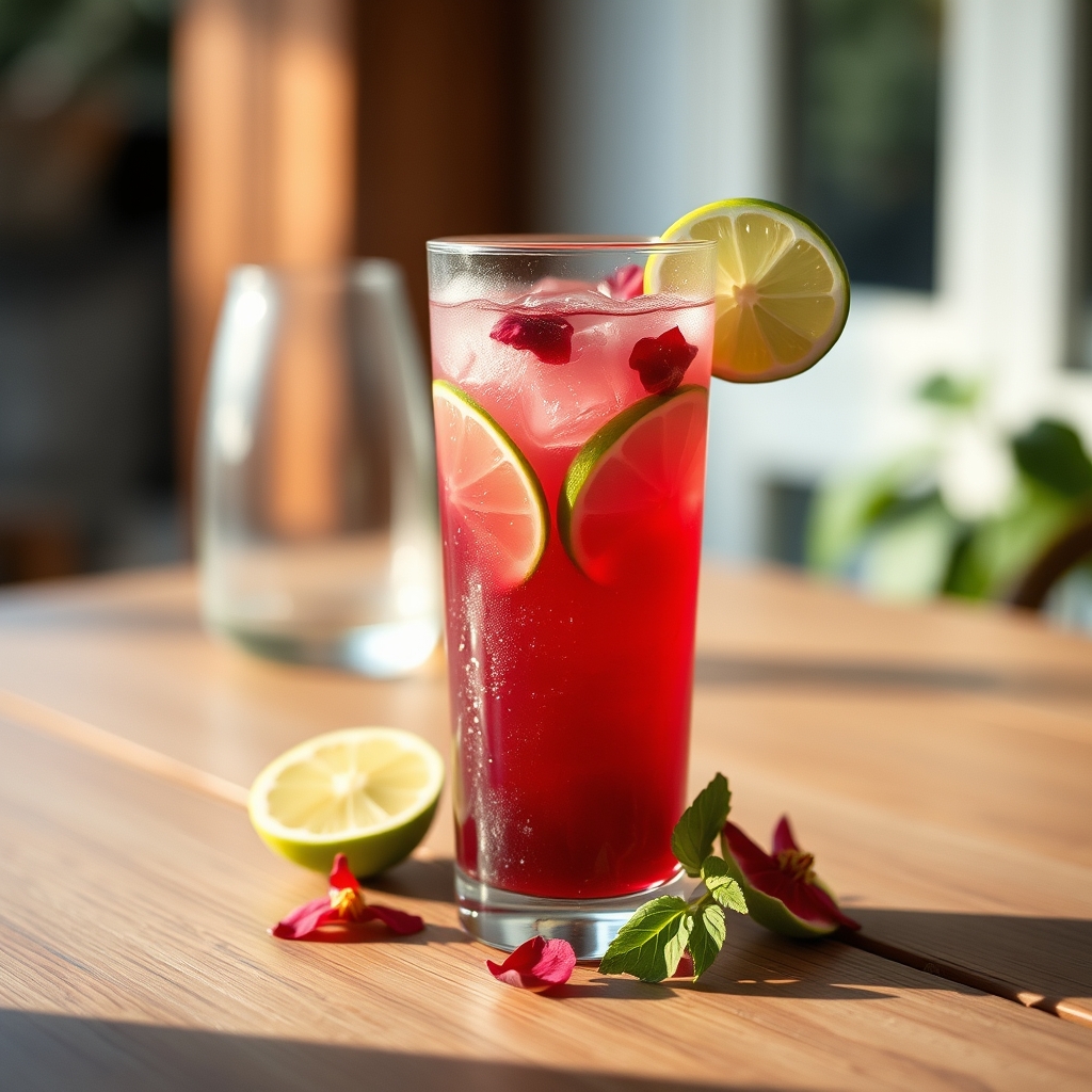 Glass of sorrel spritzer with lime wedges and hibiscus petals on a wooden table