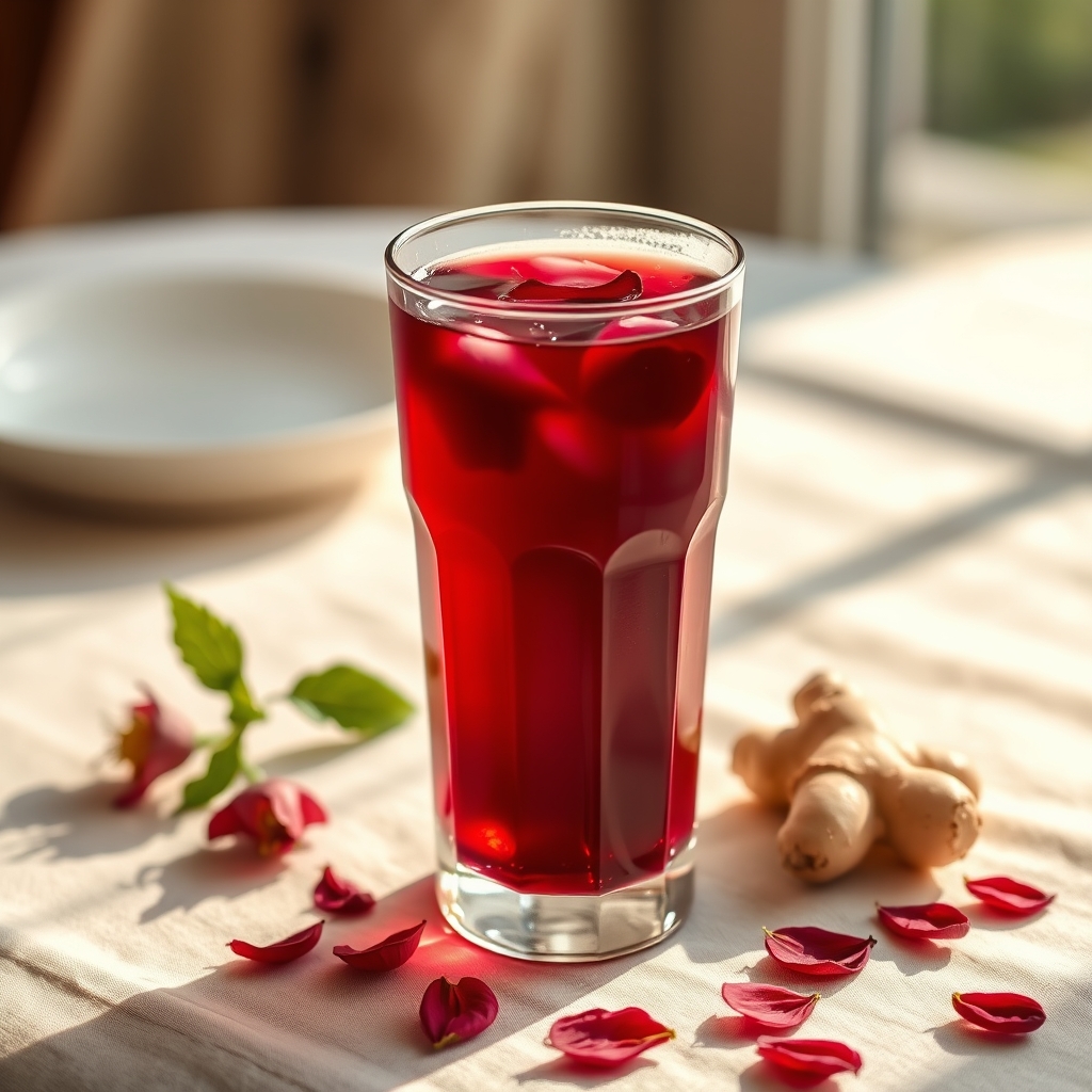 Glass of sorrel drink with hibiscus petals and ginger on a tablecloth