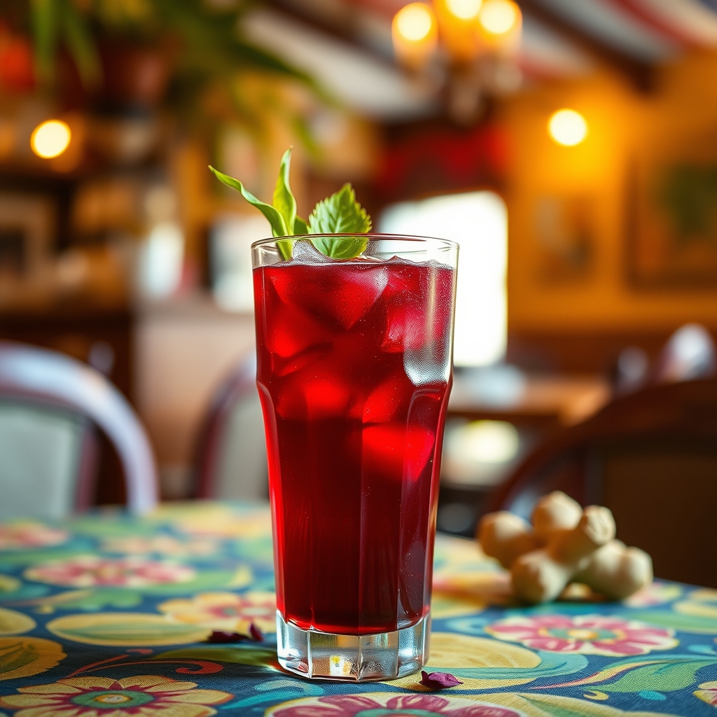 Glass of sorrel drink with hibiscus petals and ginger on a tablecloth