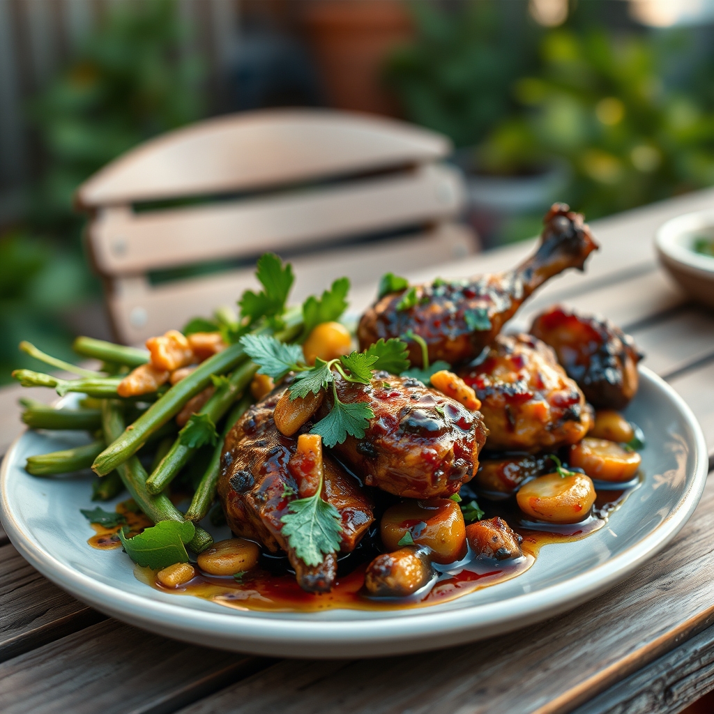Plate of jerk chicken with sorrel glaze on a wooden table