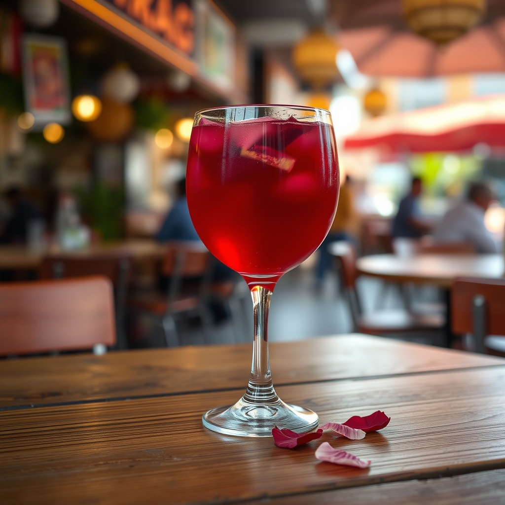 Glass of sorrel drink with hibiscus petals and ginger on a wooden table