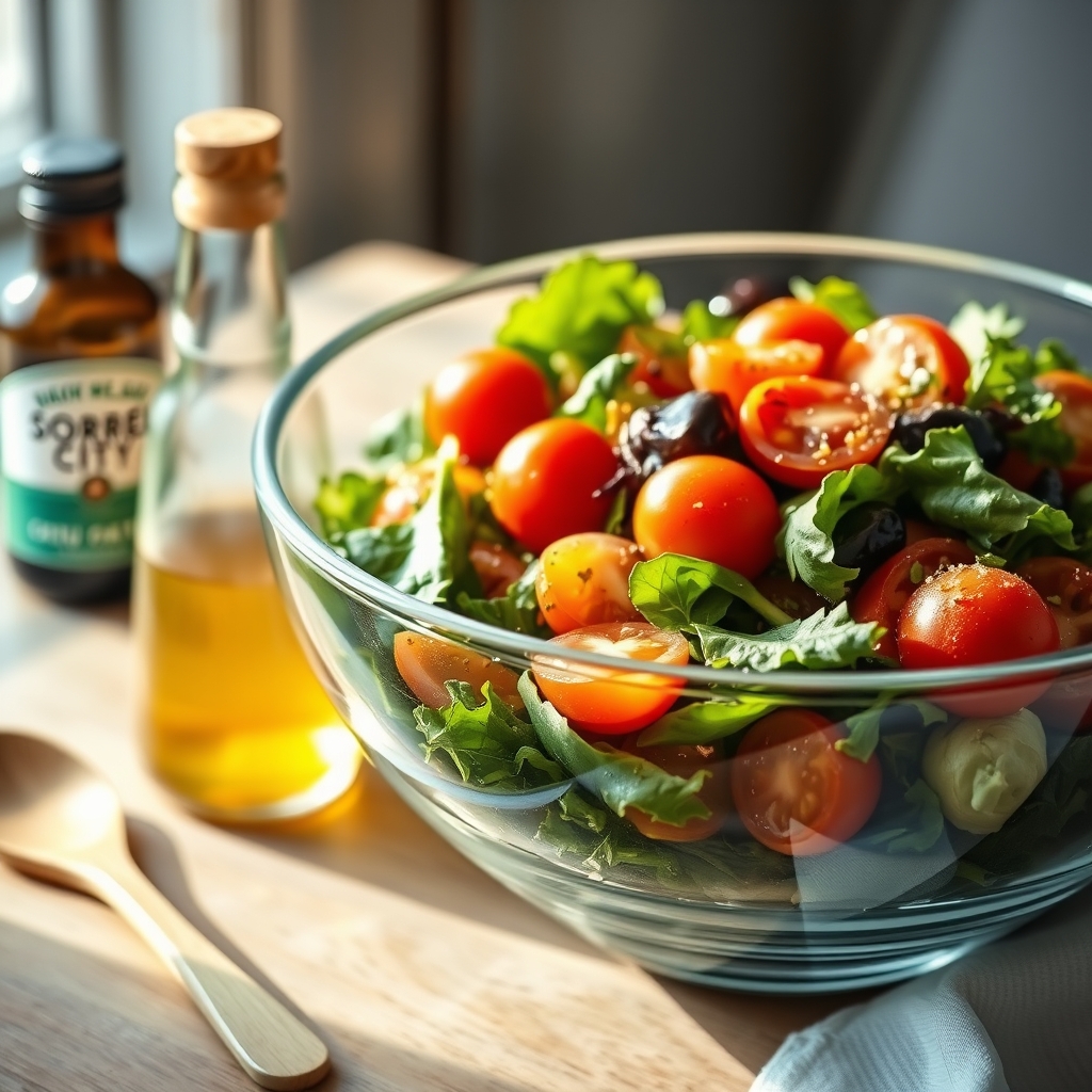 Glass salad bowl with mixed greens and sorrel vinaigrette