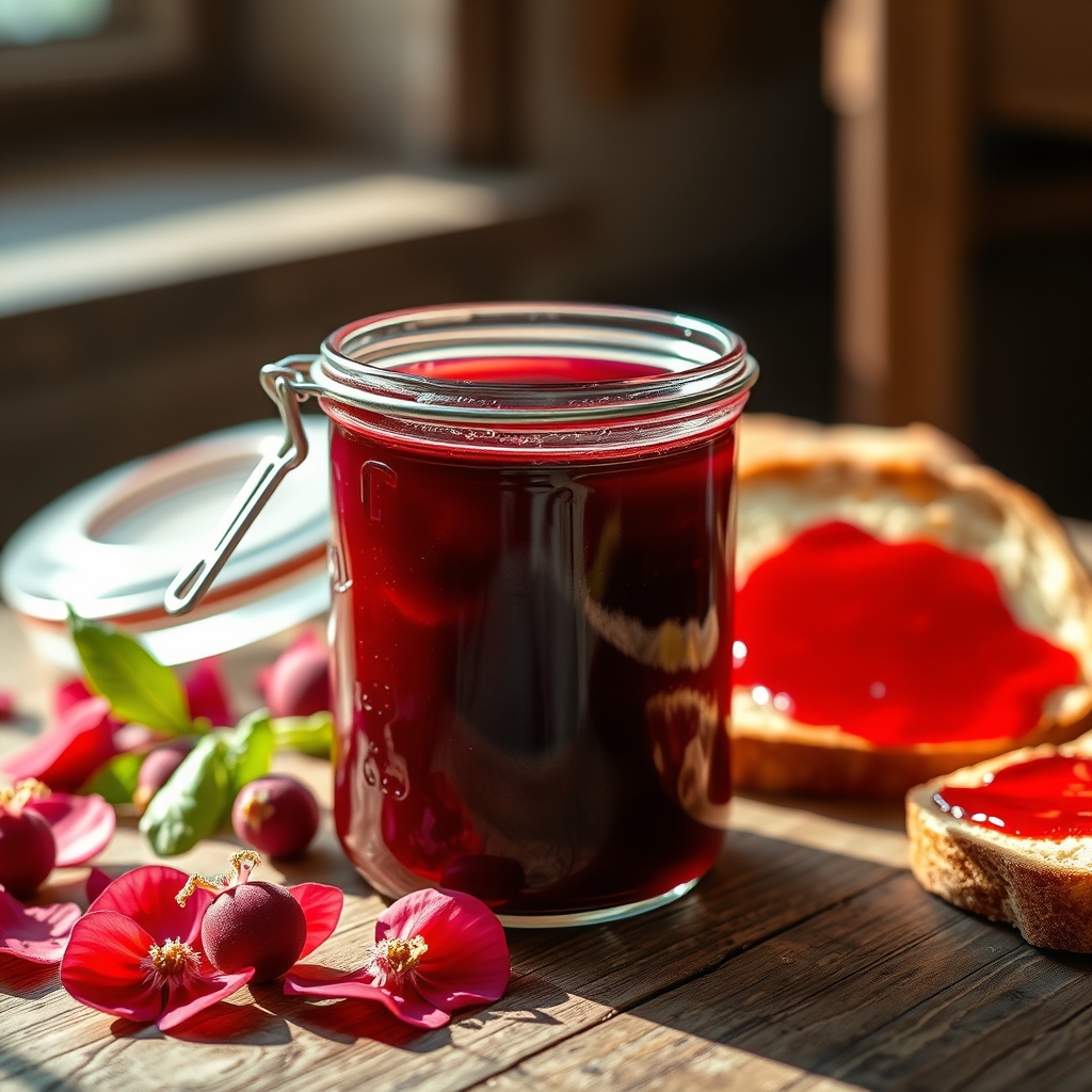 Glass jar of sorrel jelly on a wooden table with hibiscus petals and toast