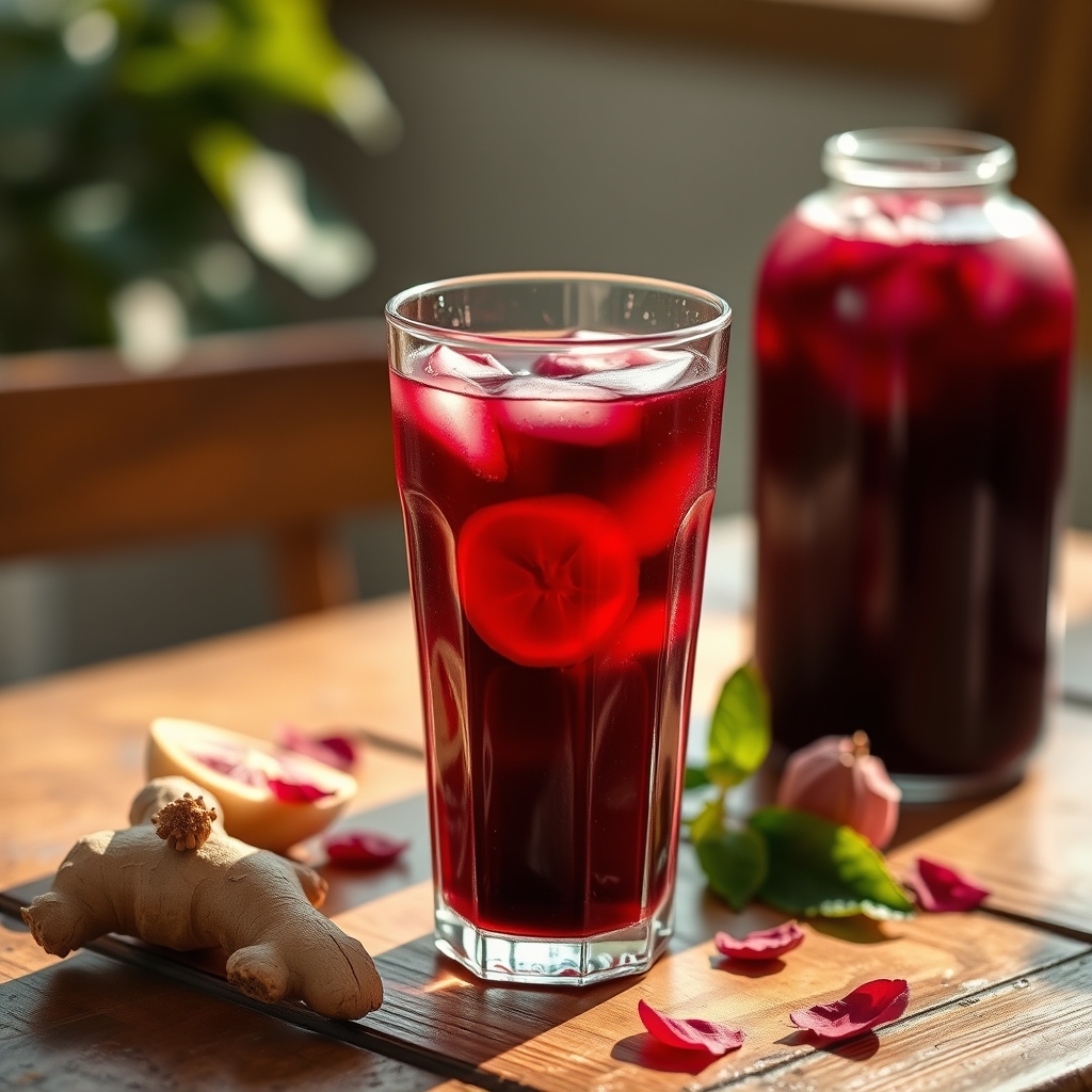Glass of sorrel drink with hibiscus petals and ginger on a wooden table