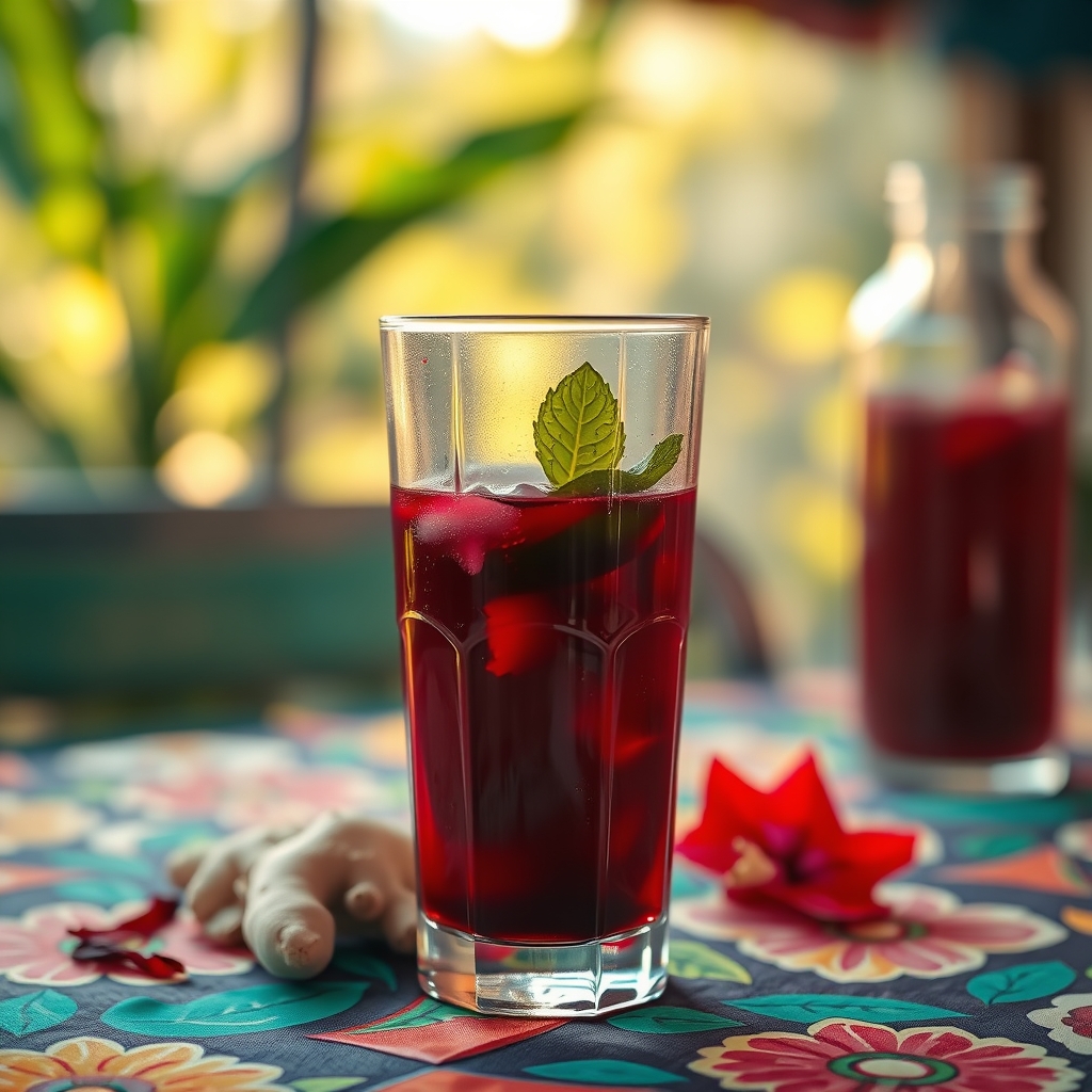 Glass of sorrel drink with hibiscus petals and ginger on a Carnival tablecloth
