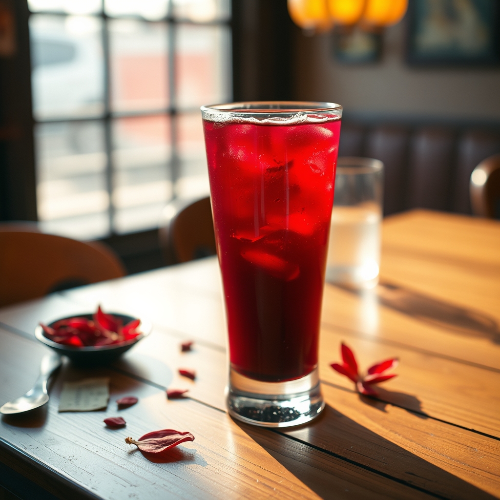 Glass of sorrel drink on a wooden table in a restaurant