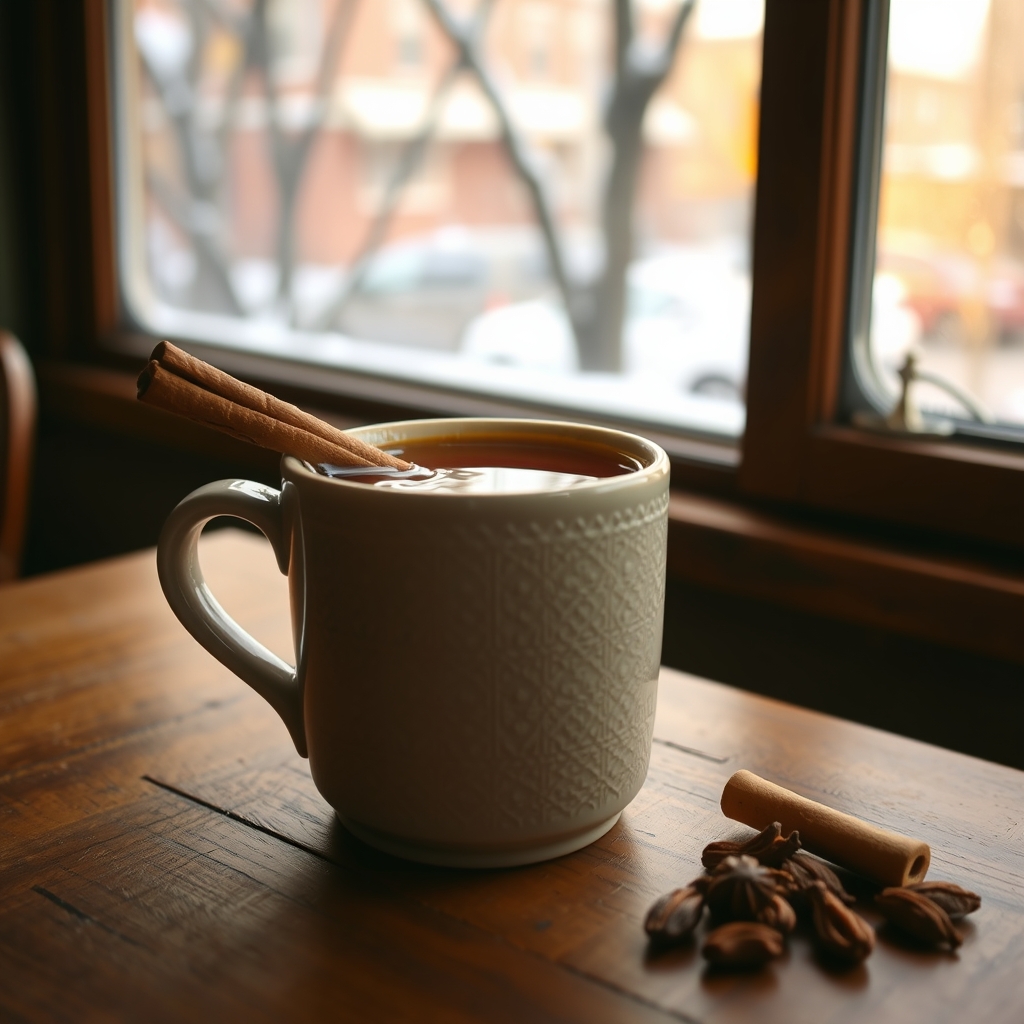 A warm sorrel drink in a ceramic mug with cinnamon and cloves