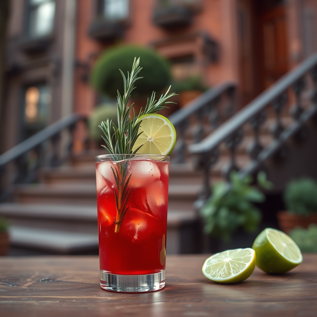 Glass of sorrel rum punch on a stoop with rosemary and lime