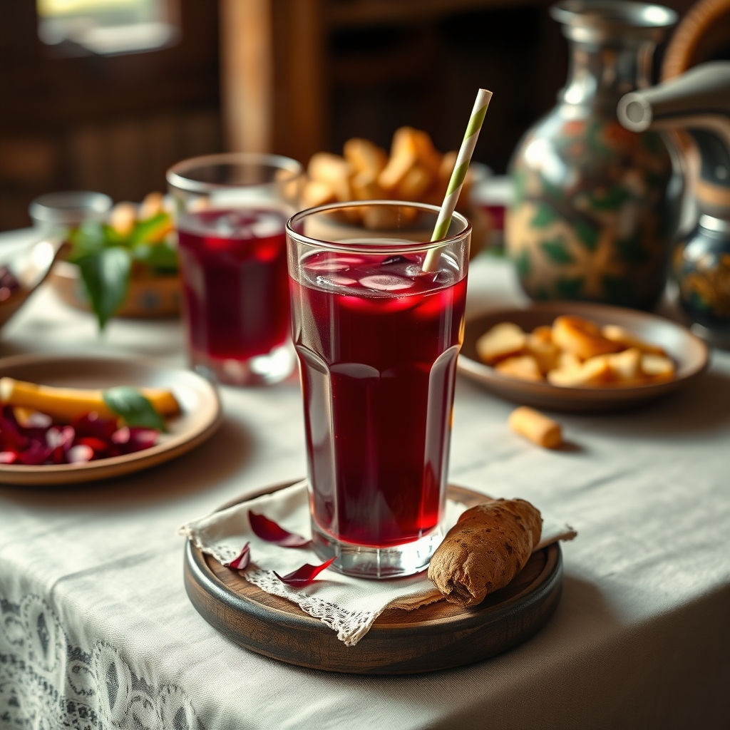Glass of sorrel drink with hibiscus petals and ginger on a tablecloth