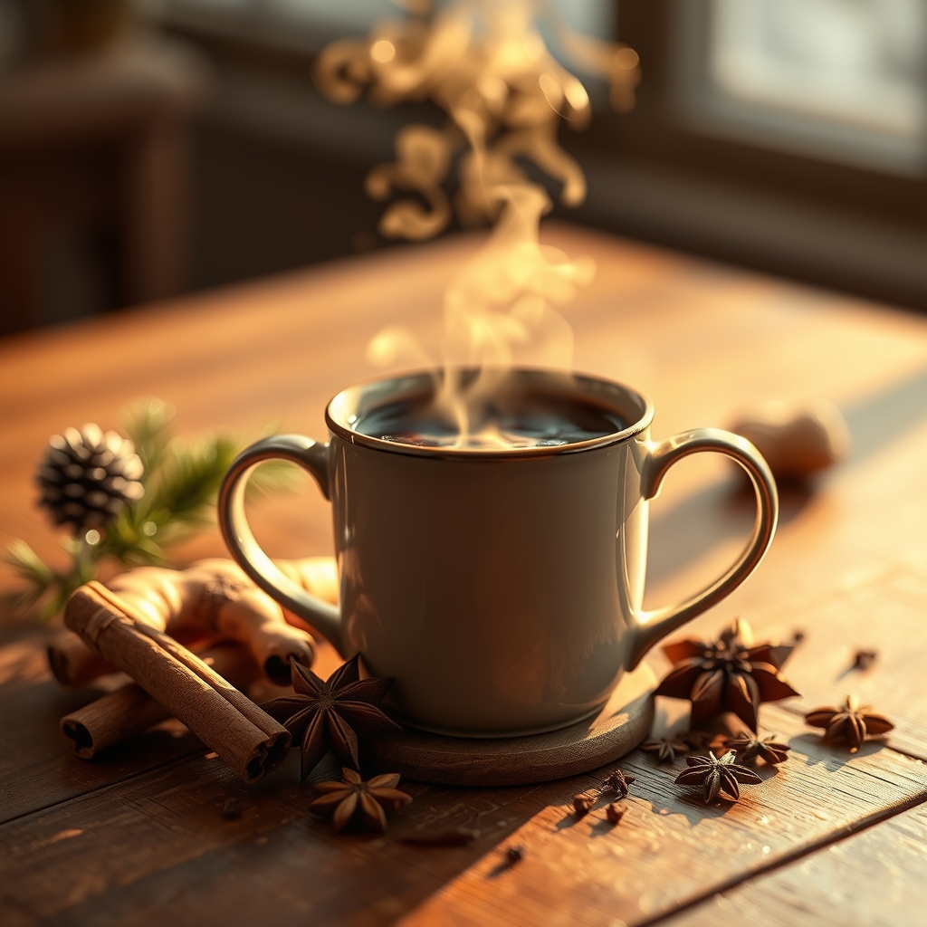 Steaming mug of spiced sorrel on a wooden table with spices