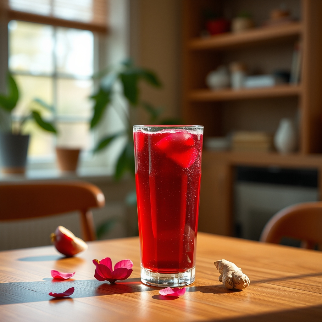 Glass of sorrel drink with hibiscus petals and ginger on a wooden table