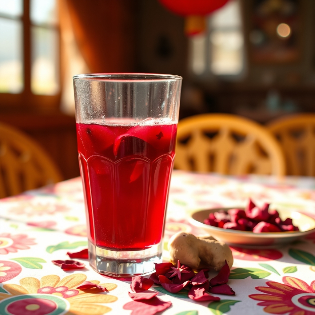 Glass of sorrel drink with hibiscus petals and ginger on a Carnival-themed tablecloth
