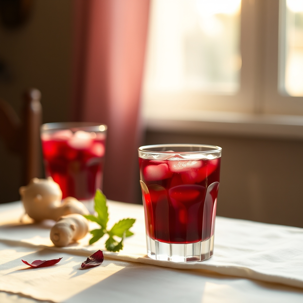 Glass of sorrel drink with hibiscus petals and ginger on a tablecloth