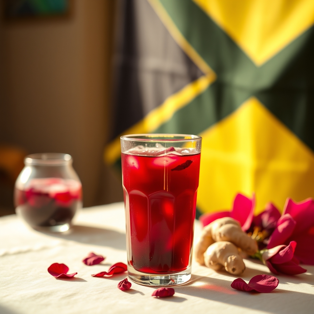 Glass of sorrel drink with hibiscus petals and ginger on a tablecloth