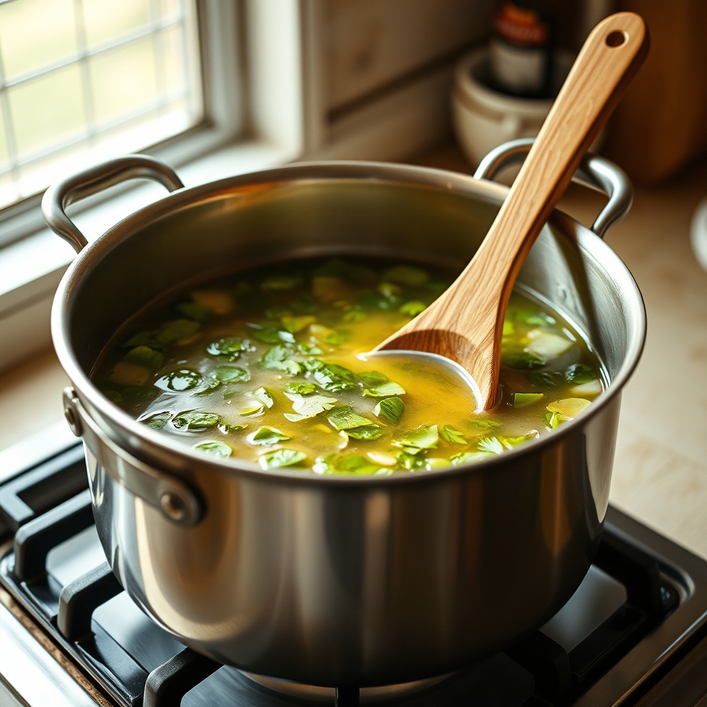 Simmering sorrel in a large stainless steel pot on a stovetop