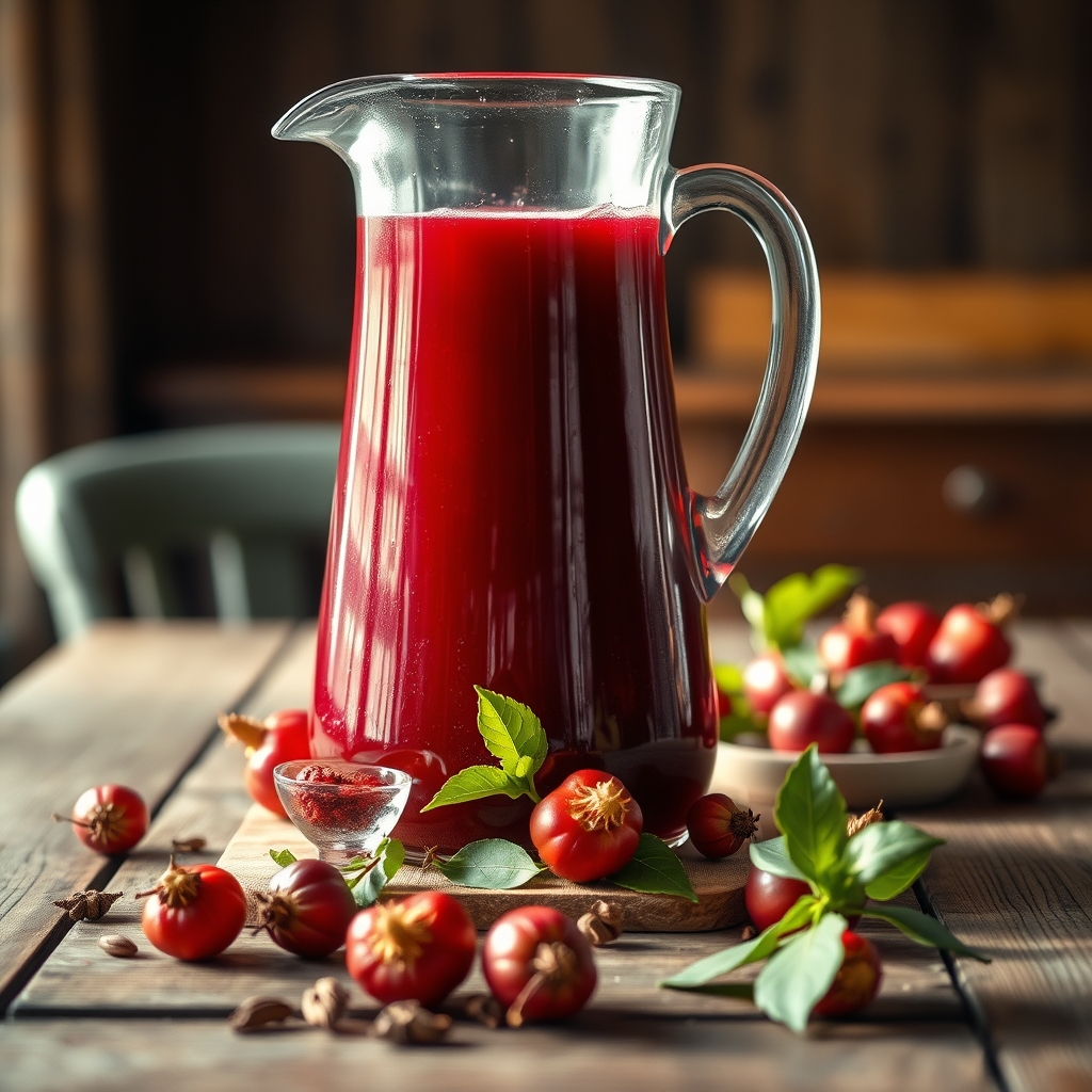 Glass jug of sorrel drink with hibiscus calyxes and spices on a wooden table