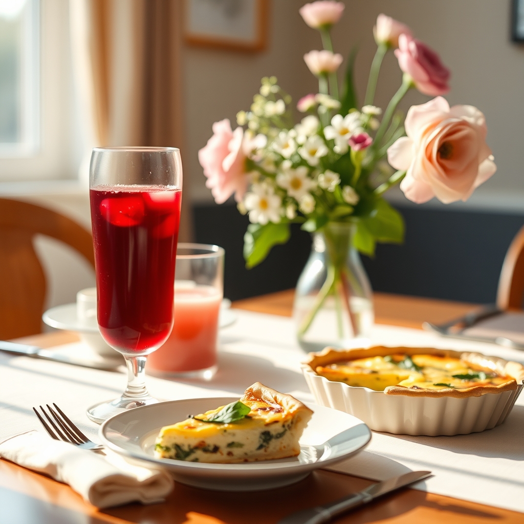 Mother's Day brunch table with sorrel drink and quiche