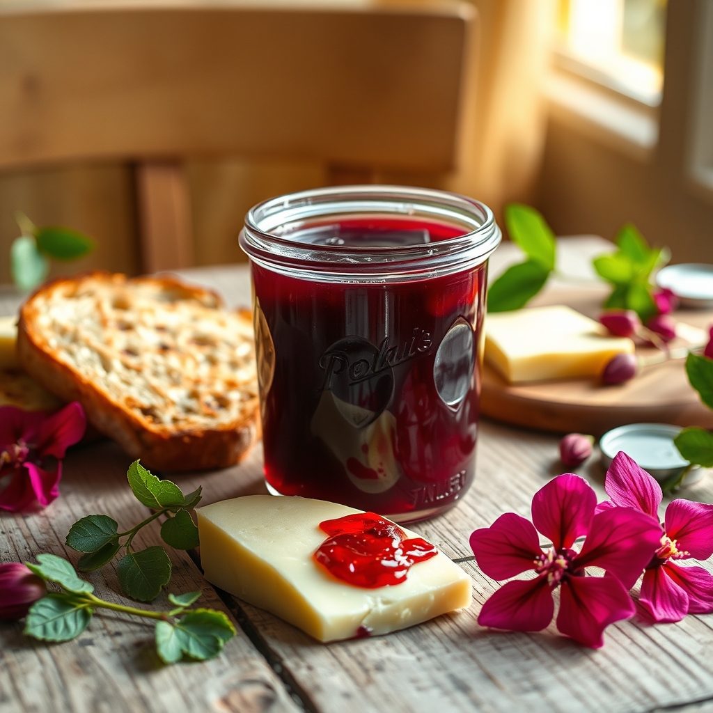 Glass jar of sorrel jelly on a wooden table with toast and flowers