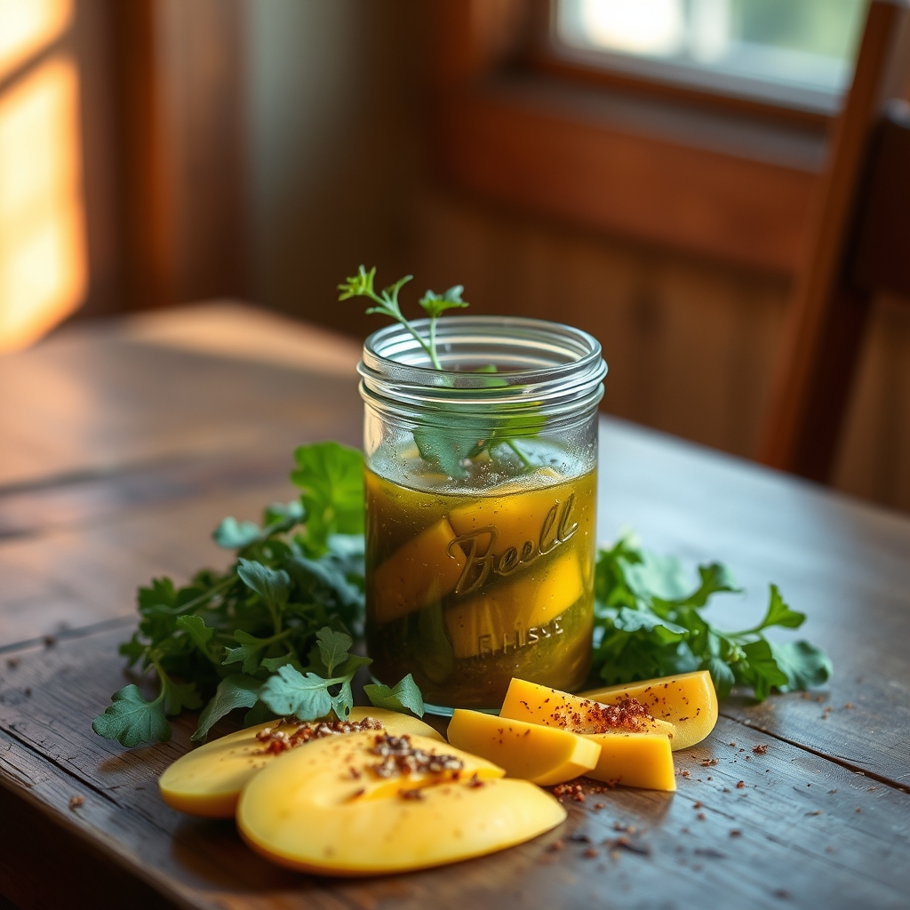 Glass jar of sorrel vinaigrette on a wooden table with mixed greens and mango