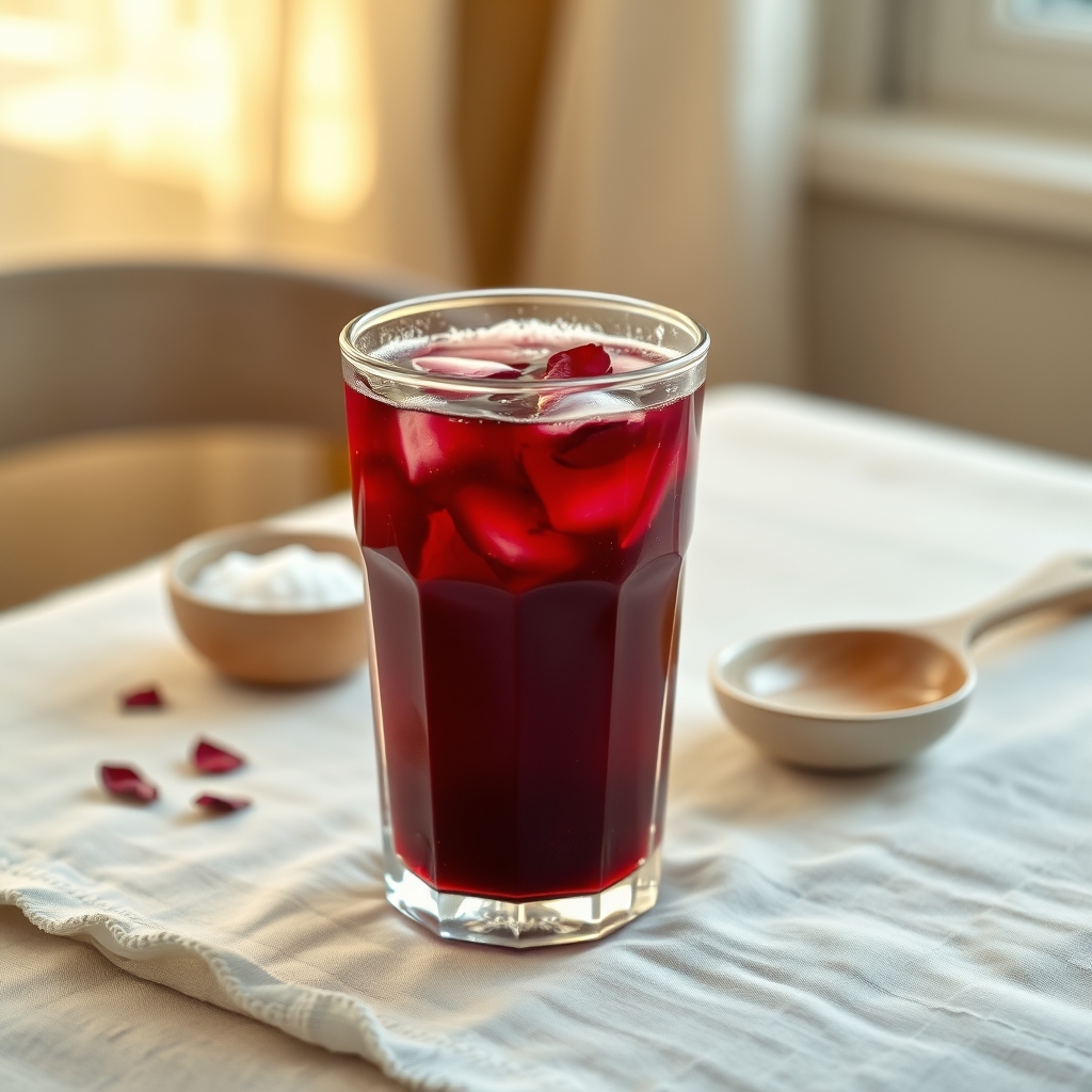 Glass of sorrel drink with hibiscus petals and ginger on a table