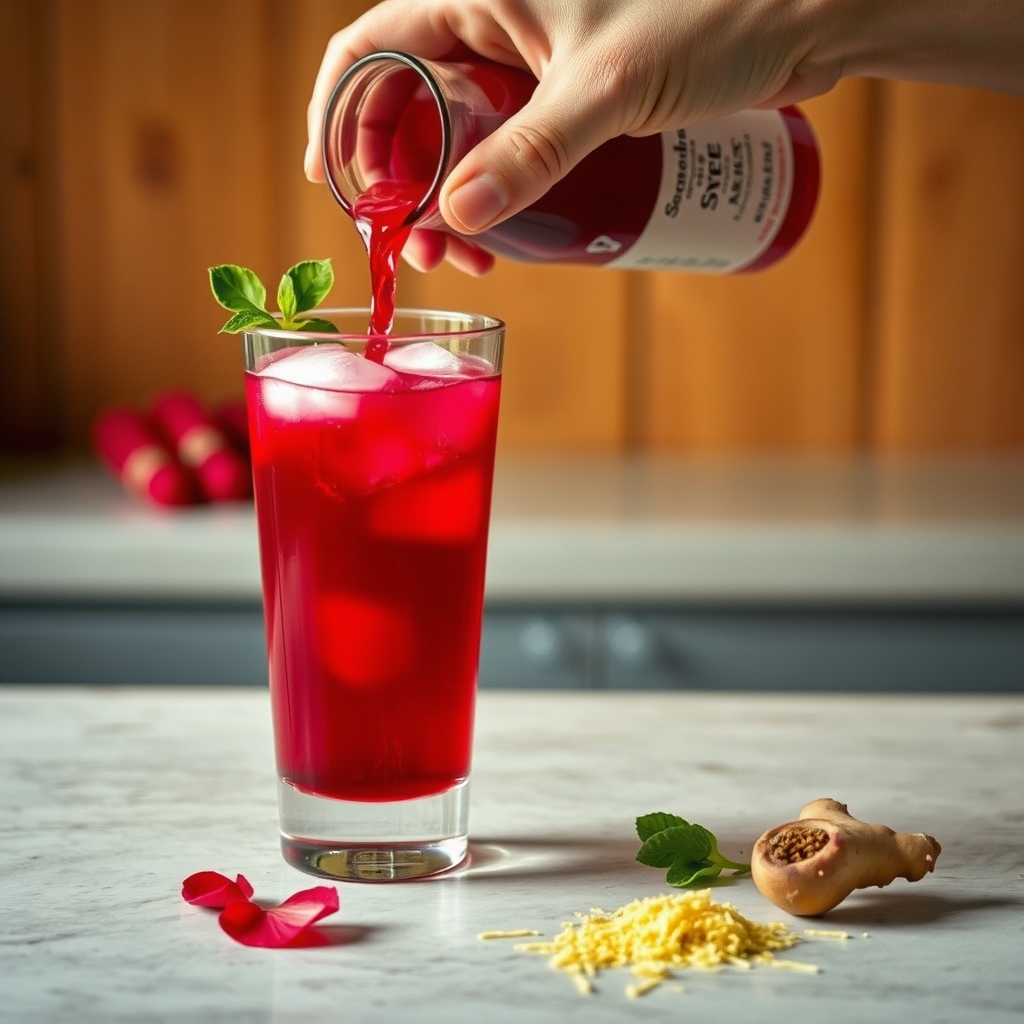 Glass of sorrel drink with hibiscus petals and ginger on a wooden counter
