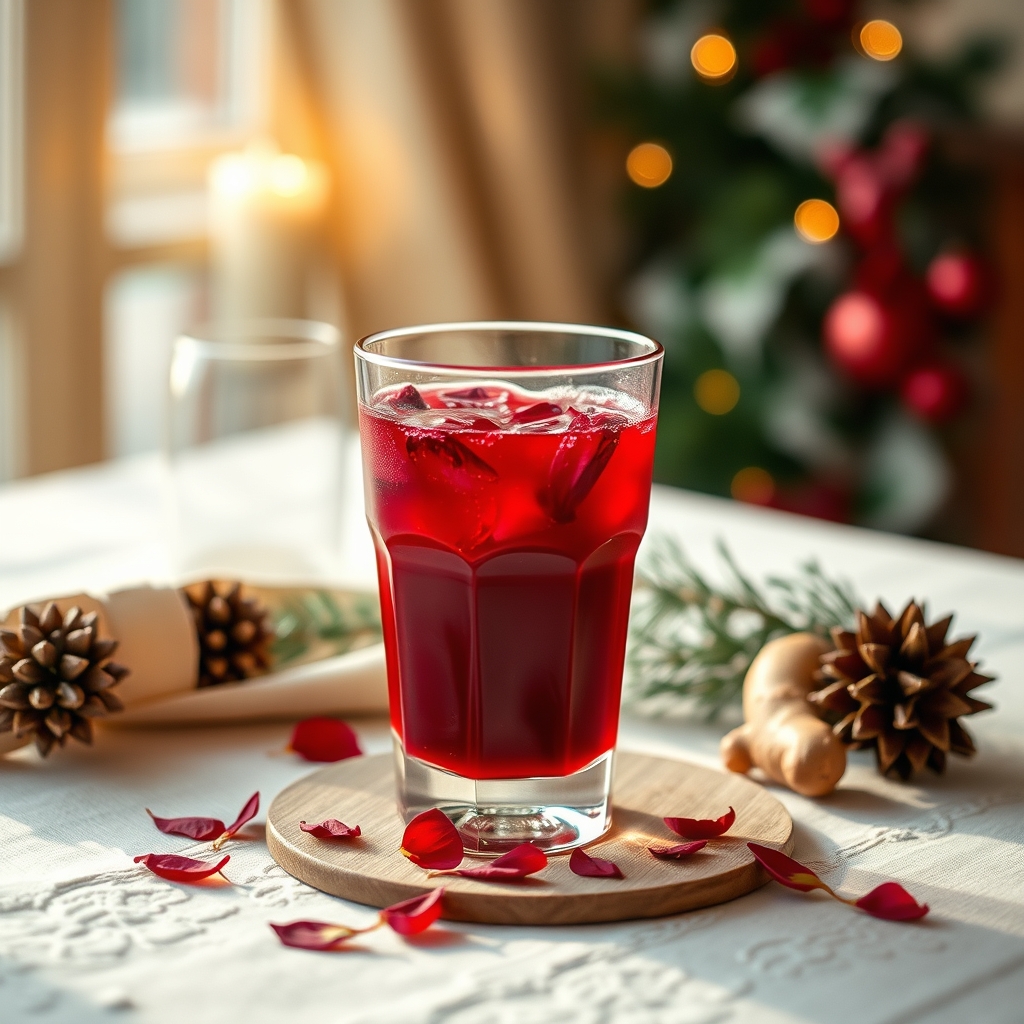 Glass of sorrel drink with hibiscus petals and ginger on a tablecloth