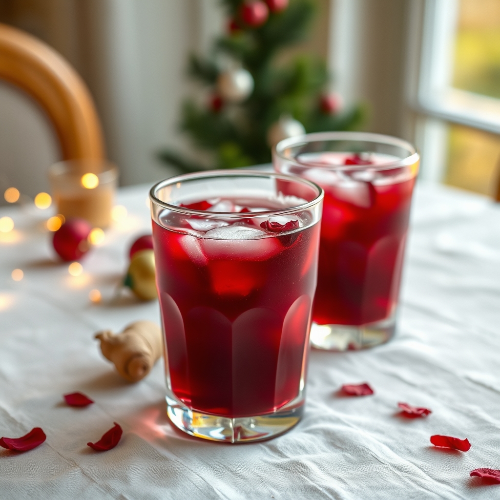 Glass of sorrel drink with hibiscus petals and ginger on a tablecloth