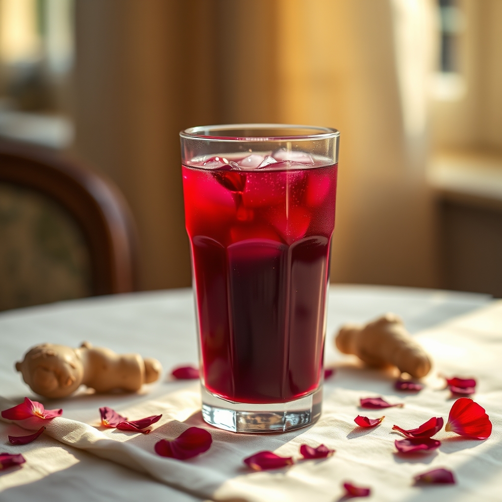 Glass of sorrel drink with hibiscus petals and ginger on a tablecloth