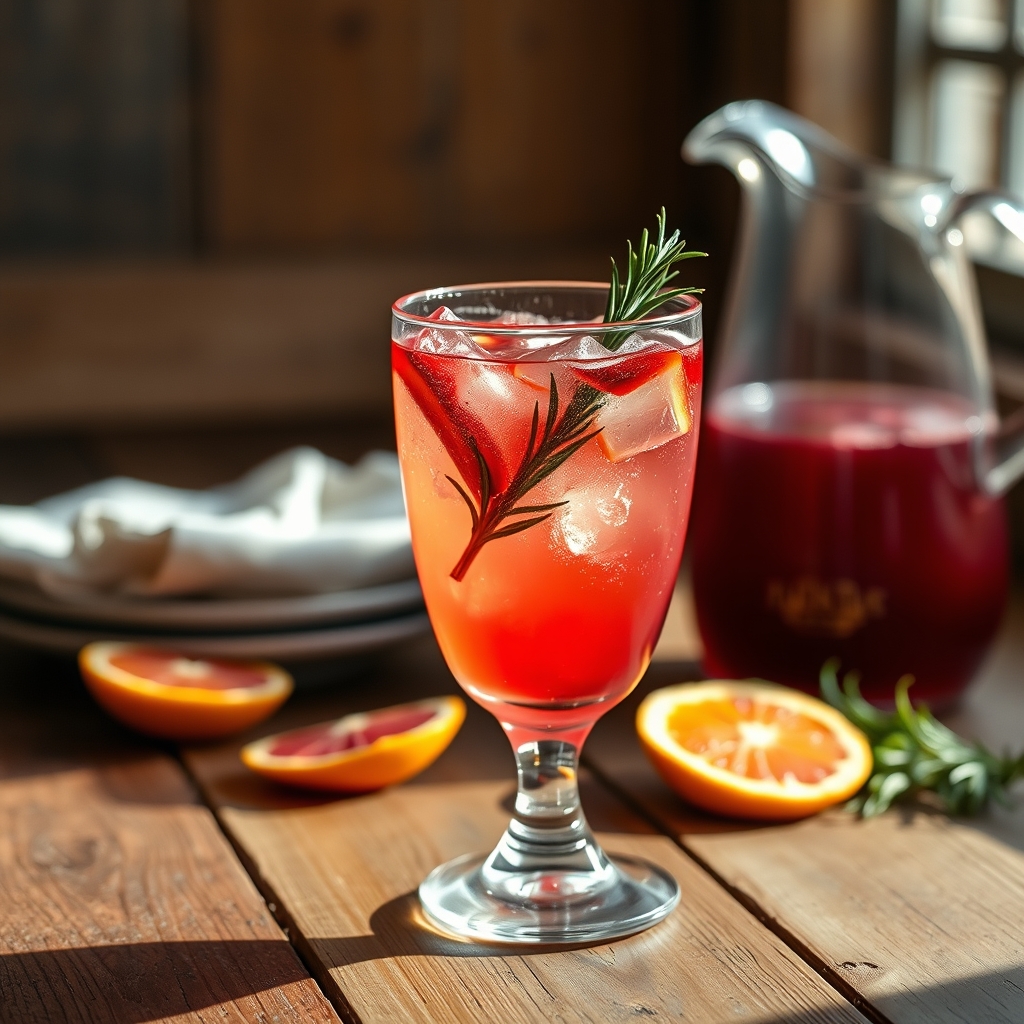 Glass of sorrel spritzer with rosemary and orange slices on a wooden table