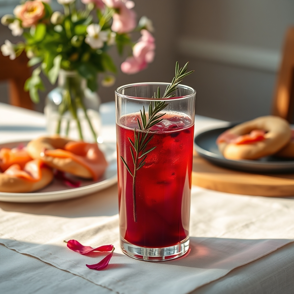 Glass of sorrel drink with hibiscus petals and rosemary on a linen tablecloth